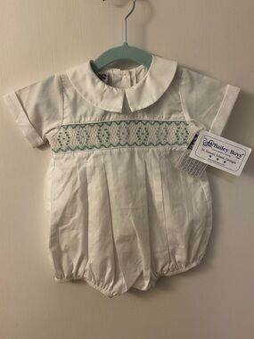 Bailey Boys White Baby Romper with Mint Smocking